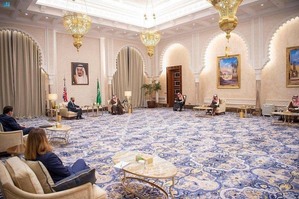 Crown Prince Muhammad Bin Salman, deputy premier and minister of defense, met here on Monday with British Foreign Minister Secretary Dominic Raab.