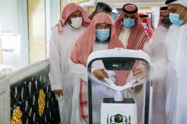 File photo of a smart robot sterilizing the Grand Mosque in Makkah. The General Presidency for the Affairs of the Two Holy Mosques has provided 10 smart robots to join the sterilization operations at the Grand Mosque.