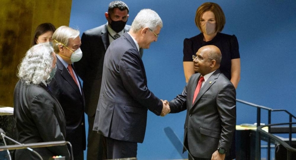 Abdulla Shahid of the Maldives takes the podium after being elected President of the 76th session of the General Assembly. — courtesy UN Photo/Loey Felipe