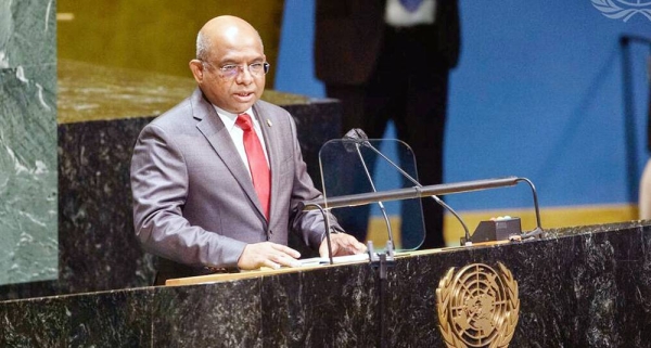 Abdulla Shahid of the Maldives takes the podium after being elected President of the 76th session of the General Assembly. — courtesy UN Photo/Loey Felipe