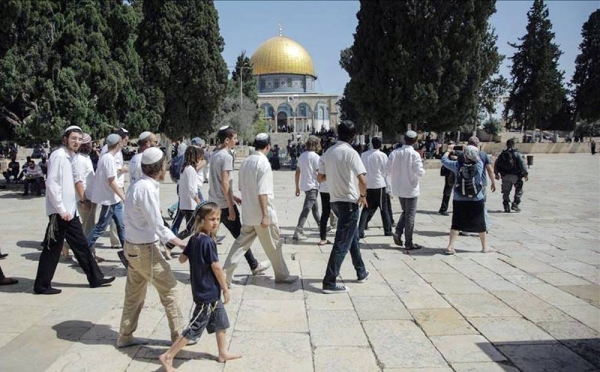 Under the protection of the Israeli occupation police, dozens of extremists and Israeli settlers stormed on Tuesday the courtyard of Al-Aqsa Mosque, seen in this file photo, from Al-Magharba (Morocco) Gate.