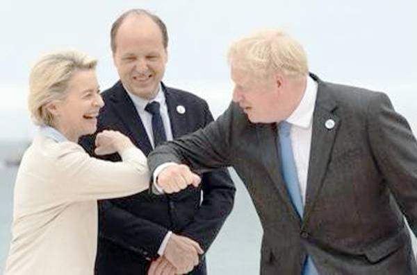 European Commission President Ursula von der Leyen seen with British Prime Minister Boris Johnson at the G7 summit in Cromwell.