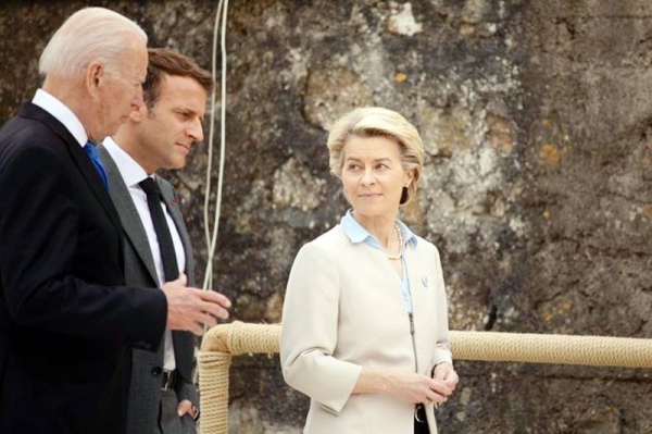 European Commission President Ursula von der Leyen seen with British Prime Minister Boris Johnson at the G7 summit in Cromwell.