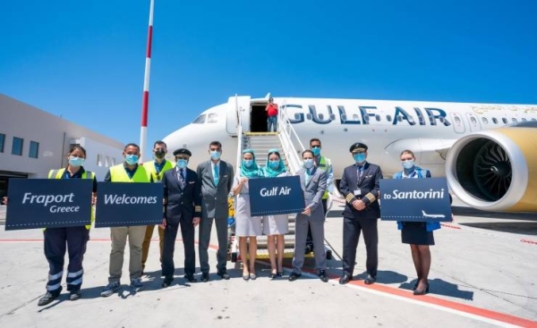 Gulf Air, Bahrain's national carrier, has celebrated its inaugural flight to Santorini in Greece as flight GF034 was welcomed into Santorini International Airport with a water cannon salute.