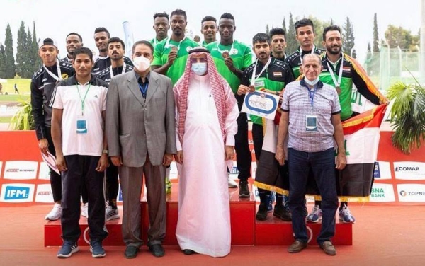 The winning Saudi relay team of the 4x100 meters race in the 22nd Arab Athletics Championship in Rades, Tunisia.