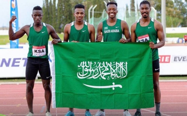 The winning Saudi relay team of the 4x100 meters race in the 22nd Arab Athletics Championship in Rades, Tunisia.