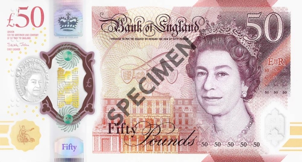 The Bank of England (BoE) announced on Wednesday that it had issued a new banknote of 50 pound sterling, manufactured out of Polymer. Above, a specimen of the £50 front