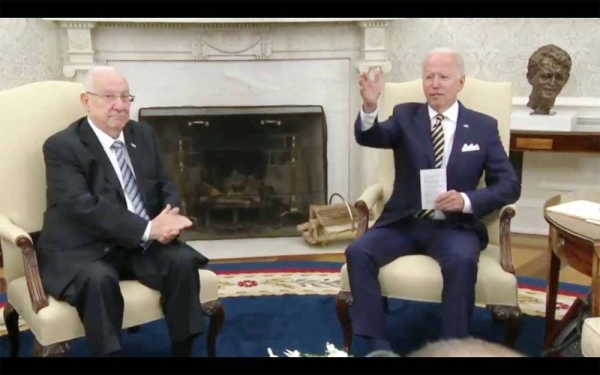 US President Joe Biden holds talks with Israel President Reuven Rivlin in the White House on Monday.