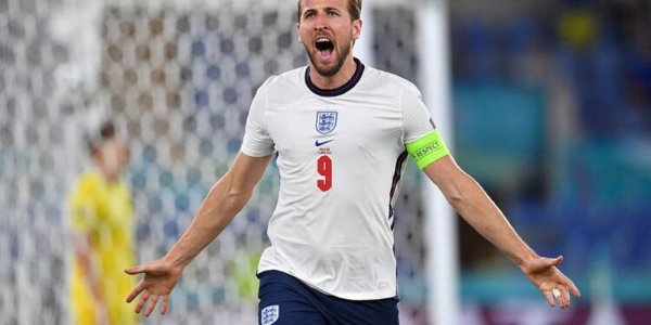 England captain Harry Kane celebrates England's goal against Ukraine in Euro 2020 quarterfinals in Rome on Saturday.