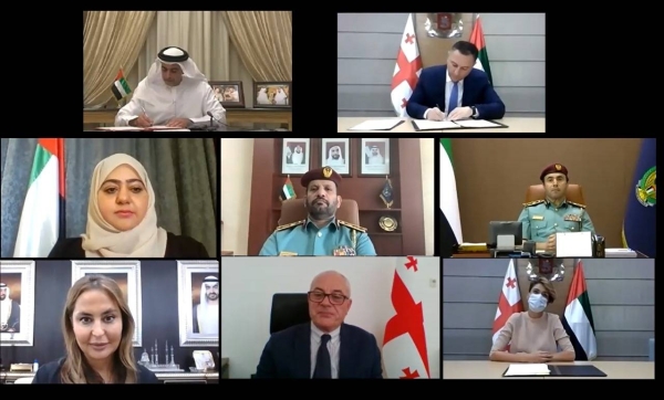 ‏The agreement, which was signed remotely by the UAE's Deputy Prime Minister and Minister of Interior Lt. Gen. Sheikh Saif Bin Zayed Al-Nahyan and Georgia's Minister of Internal Affairs Vakhtang Gomelauri, aims to strengthen cooperation between the two countries and develop bilateral relations in the security and policing fields, especially in enhancing traffic safety, combating crime in all its forms. — WAM photo