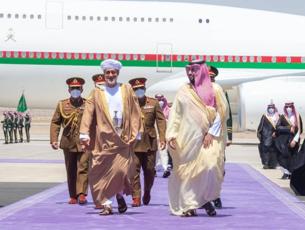 Sultan Haitham was received by Crown Prince Muhammad Bin Salman, deputy premier and minister of defense, at the airport. — SPA photos. 