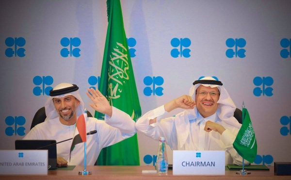 File picture of Saudi Energy Minister Prince Abdulaziz bin Salman and Energy Minister of the UAE Suhail Al-Mazrouei.