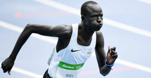 
South Sudanese refugee, Yiech Pur Biel, runs the 800-meters for the Refugee Olympic Team in Rio. (August 2016) — courtesy UNHCR/Benjamin Loyseau