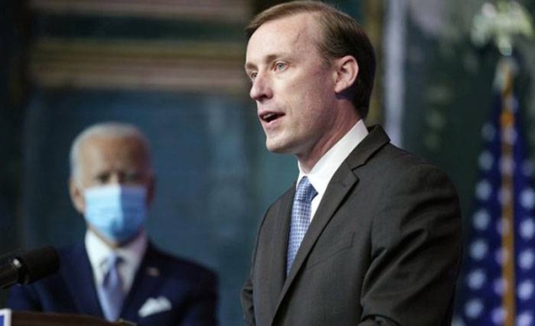 File photo of US National Security Advisor Jake Sullivan, speaking in front of US President Joe Biden.