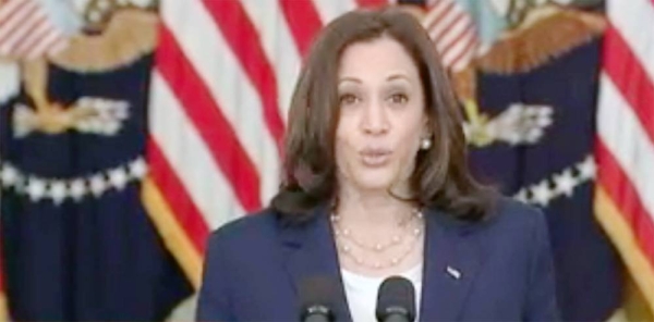 Vice President Kamala Harris speaks after the sweeping $1.2 trillion bipartisan infrastructure package was passed by the Senate on Tuesday.
