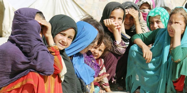 Young girls gather at a camp for displaced people in Kandahar in southwestern Afghanistan. — courtesy UNICEF Afghanistan