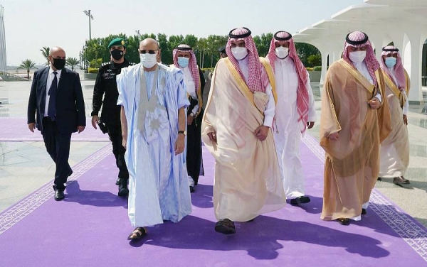 Prince Badr Bin Sultan, deputy governor of Makkah Region, receives Mauritania President Mohamed Ould Ghazouani in Jeddah on Thursday.