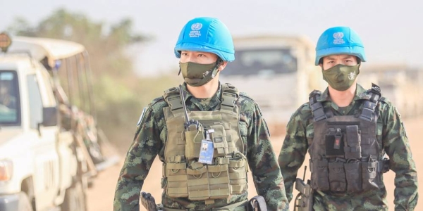 Thai engineers serving with UNMISS repair and rehabilitate existing infrastructure such as roads and bridges, among other duties. Pictured here, Lt. Col. Kaisin Sasunee (foreground), the current Commander of the Thai Horizontal Military Engineering Company (HMEC), is on patrol. — courtesy UNMISS