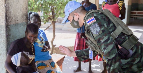 Thai engineers serving with UNMISS repair and rehabilitate existing infrastructure such as roads and bridges, among other duties. Pictured here, Lt. Col. Kaisin Sasunee (foreground), the current Commander of the Thai Horizontal Military Engineering Company (HMEC), is on patrol. — courtesy UNMISS