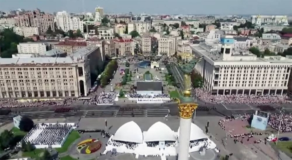 An aerial view of the march past by Ukrainians on its Independence Day, which is celebrated on Aug. 24 each year.
