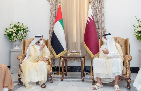 Sheikh Mohammed and Sheikh Tamim exchanged views on the conference and its expected results in a way that serve the security and stability of Iraq.