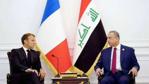 French President Emmanuel Macron and Iraqi Prime Minister Mustafa Al-Kadhemi hold discussions in Baghdad Saturday.