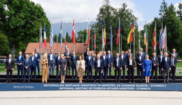 A group photo of the EU foreign ministers at the end of the 2-day informal ministerial meeting held in Slovenia, which holds the current EU Presidency.