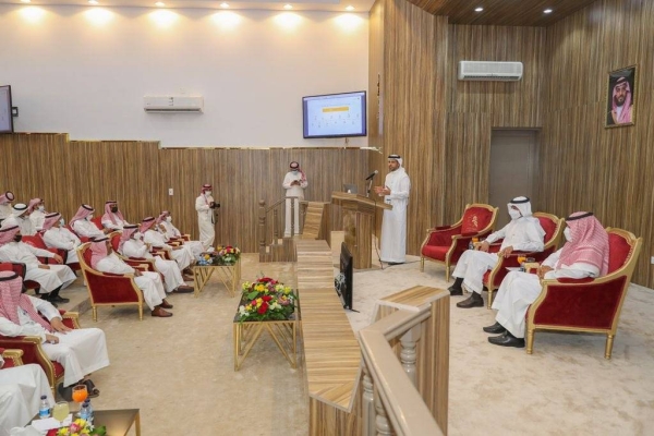 Minister of Human Resources and Social Development Ahmed Al-Rajhi addressing businessmen and members of the chamber of commerce in Al-Jouf region.