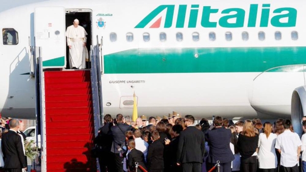 Pope Francis arrives at Budapest international airport, Sunday. — courtesy Twitter