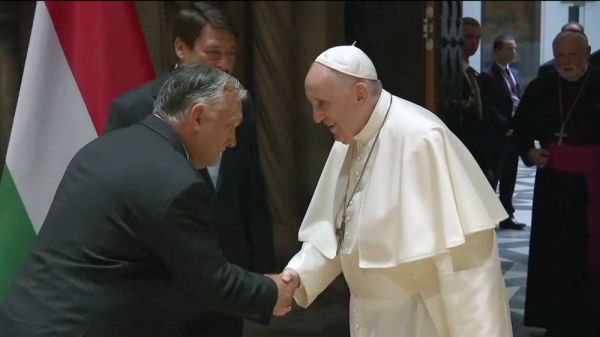 Hungary Prime Minister Viktor Orban greets the Argentine pope at the Museum of Fine Arts and the two went into a private meeting attended also by the Hungarian president and Vatican officials. —Courtesy Twitter