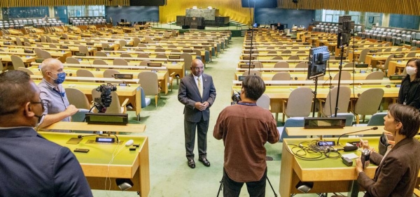 The President-elect of the UN General Assembly Abdulla Shahid is interviewed in the General Assembly hall. — Courtesy UN Photo/Eskinder Debebe
