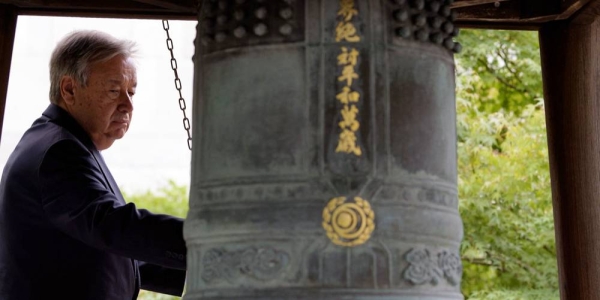 UN Secretary-General António Guterres rings the UN Peace Bell Ceremony on the 40th Anniversary of the International Day of Peace. — courtesy N Photo/Manuel Elías