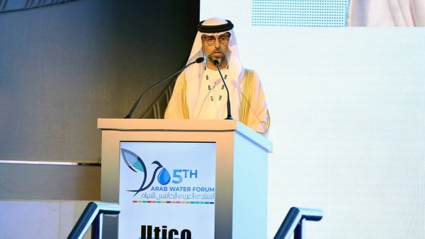 Suhail Al Mazrouei, UAE minister of energy and infrastructure, speaks at the 5th Arab Water Forum at the Grand Hyatt Hotel on Tuesday.