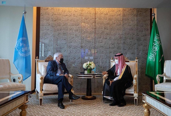 Foreign Minister Prince Faisal Bin Farhan met UN Under-Secretary General for Humanitarian Affairs Martin Griffiths on the sidelines of the 76th annual session of the United Nations General Assembly in New York.