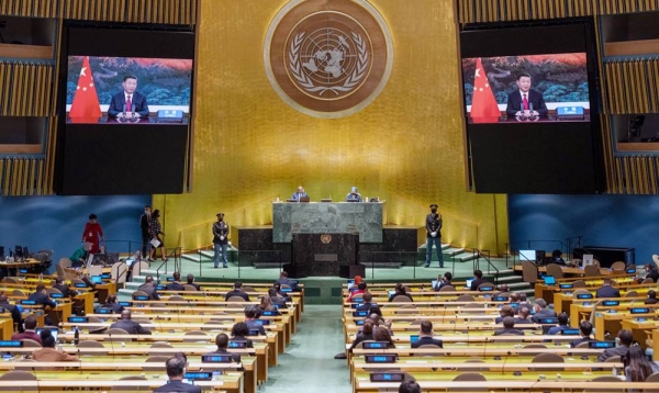 President Xi Jinping (on screens) of China addresses the general debate of the UN General Assembly’s 76th session. — courtesy UN Photo/Cia Pak