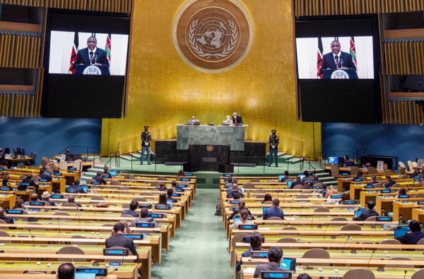 President Uhuru Kenyatta (on screens) of Kenya addresses the general debate of the UN General Assembly’s 76th session. — courtesy UN Photo/Cia Pak