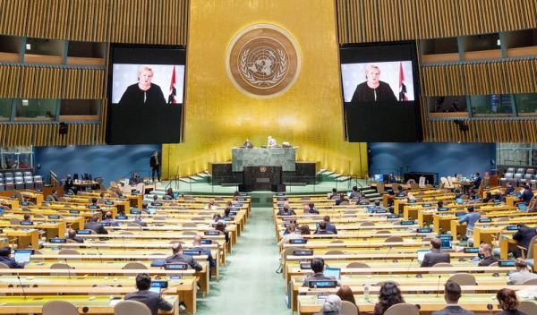 Prime Minister Erna Solberg (on screens) of Norway addresses the general debate of the UN General Assembly’s 76th session. — courtesy UN Photo/Cia Pak