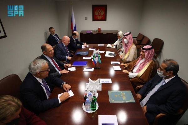 Foreign Minister Prince Faisal Bin Farhan met with Russian counterpart Sergei Lavrov, on the sidelines of the 76th session of the United Nations General Assembly in New York on Thursday.
