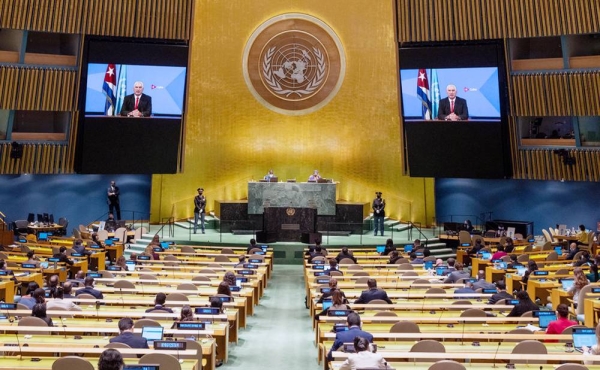 
President Miguel Díaz Canel Bermúdez (on screens) of Cuba addresses the general debate of the UN General Assembly’s 76th session. — courtesy UN Photo/Cia Pak