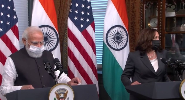Indian Prime Minister Narendra Modi and US Vice-President Kamala Harris, seen in a press conference on Thursday, marked the first in-person meeting of Modi and the highest-ranking Indian American in US history Harris in Washington.