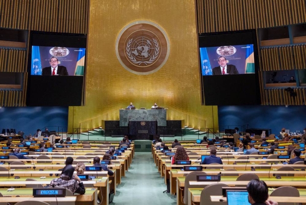 Prime Minister Ralph E. Gonsalves (on screens) of Saint Vincent and the Grenadines addresses the general debate of the UN General Assembly’s 76th session. — courtesy UN Photo/Cia Pak