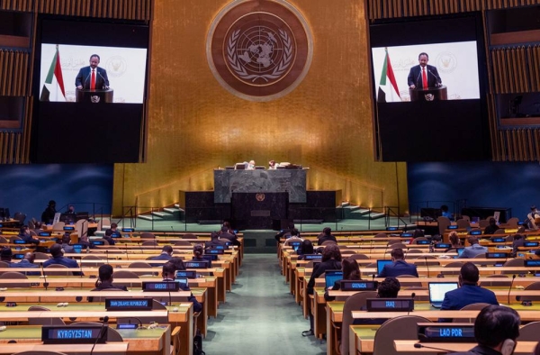 
Prime Minister Abdalla Adam Hamdok (on screens) of the Sudan addresses the general debate of the UN General Assembly’s 76th session. — courtesy UN Photo/Cia Pak