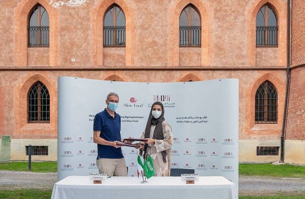 Saudi Culinary Arts Commission represented by its CEO Mayada Badr and Slow Food represented by its Secretary-General Paolo di Croce during the signing ceremony in the city of Polenzo, Italy.