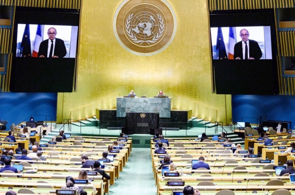 Foreign Minister Jean-Yves Le Drian of France addresses the general debate of the UN General Assembly’s 76th session. — courtesy UN Photo/Loey Felipe