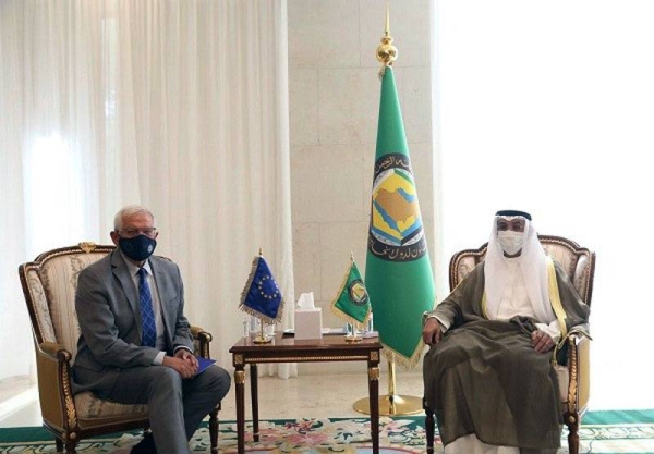 GCC Secretary General Nayef Al-Hajraf and the EU's foreign policy chief Josep Borrell, amid talks in Riyadh.
