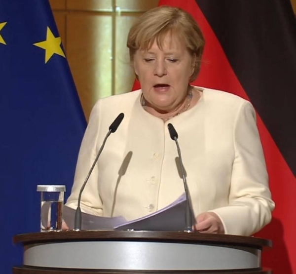 German Chancellor Angela Merkel addressing the 31st-anniversary ceremony of the reunification of east and west.