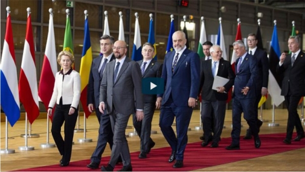 European Council President Charles Michel and Commission President Ursula von der Leyen walk with Western Balkans leaders at last year's EU-Western Balkans meeting in Brussels.