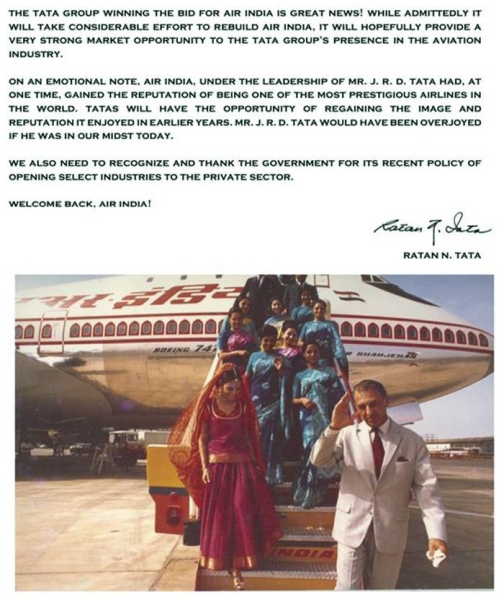 ata Sons will take charge of Air India after a winning bid of $2.4 billion, including equity and debt, the government said on Friday, marking the end of years of struggle to privatize the financially troubled airline.

