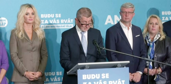 Czech Prime Minister Andrej Babis speaks after his ANO party finished second to the center-right Together coalition on Saturday.