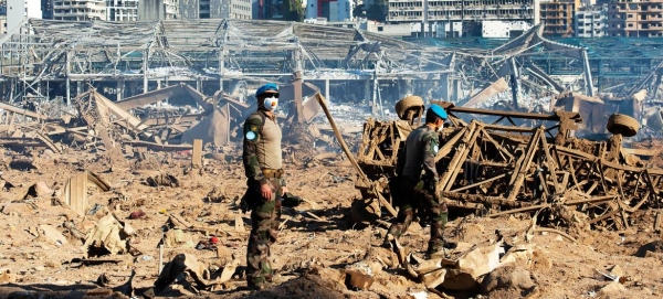 Peacekeepers from the UN mission, UNIFIL, assess the magnitude of the blast that destroyed Beirut Port, Lebanon (file photo).